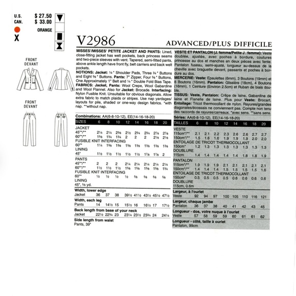 Vogue V2986 Michael Kors Sewing Pattern Jacket and Pants Sizes 14 16 18 20 - Picture 3 of 7